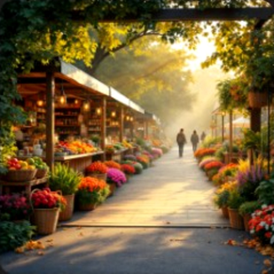 Sunlit farmers market path lined with flower stalls