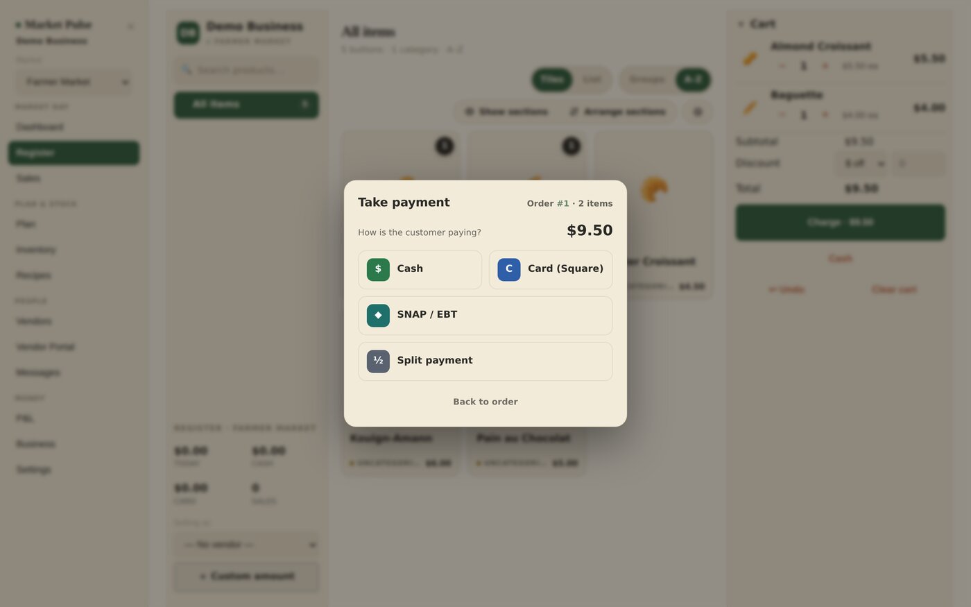 Take payment sheet with Cash, Card, SNAP / EBT and Split payment tenders